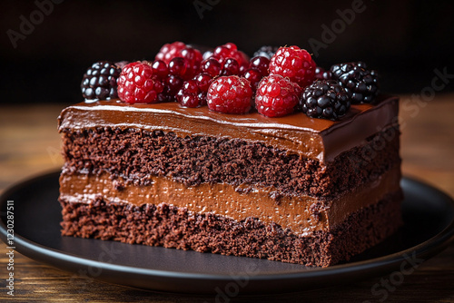 Delicious Chocolate Cake Topped With Raspberries And Blackberries photo