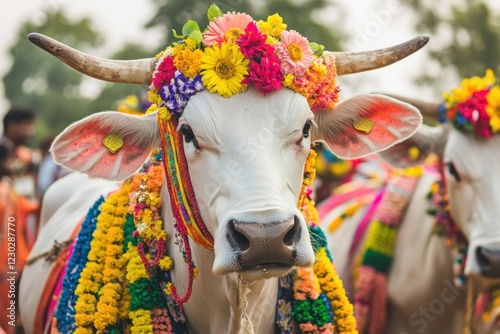 Decorated Cow with Floral Garland in Colorful Attire Celebrating Cultural Festival