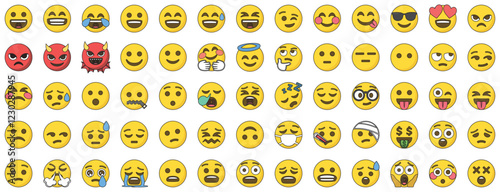Set of 65 emoticon smile icons, outline color style.
