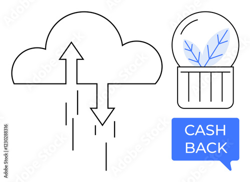 Cloud with upward and downward arrows, a snow globe with blue leaves, and a CASH BACK speech bubble. Ideal for weather, environment, economy, savings, financial incentives, rewards climatology