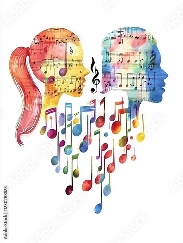 Colorful watercolor illustration of music in human profiles. photo