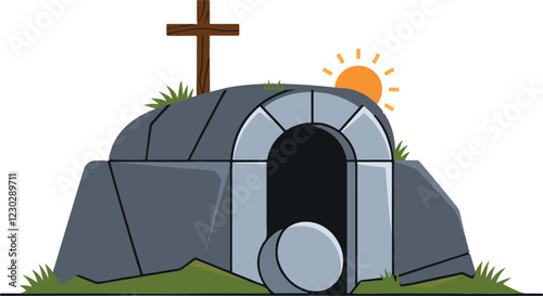 Jesus Easter tomb stone sunny background vector art