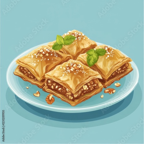 vector style flat illustration baklava, macro, rustic-themed garnish, warm baklava plated with caramel and nuts, inviting and rich culinary style. clean lines 2D design photo