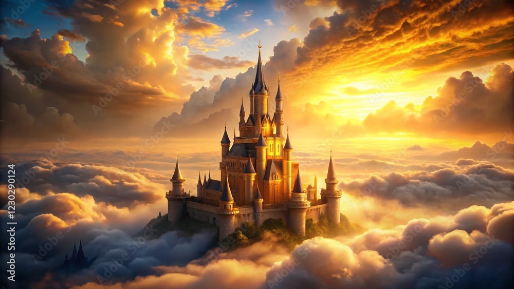 Naklejka premium Majestic Golden Castle Emerging from Clouds - Long Exposure Fantasy Landscape