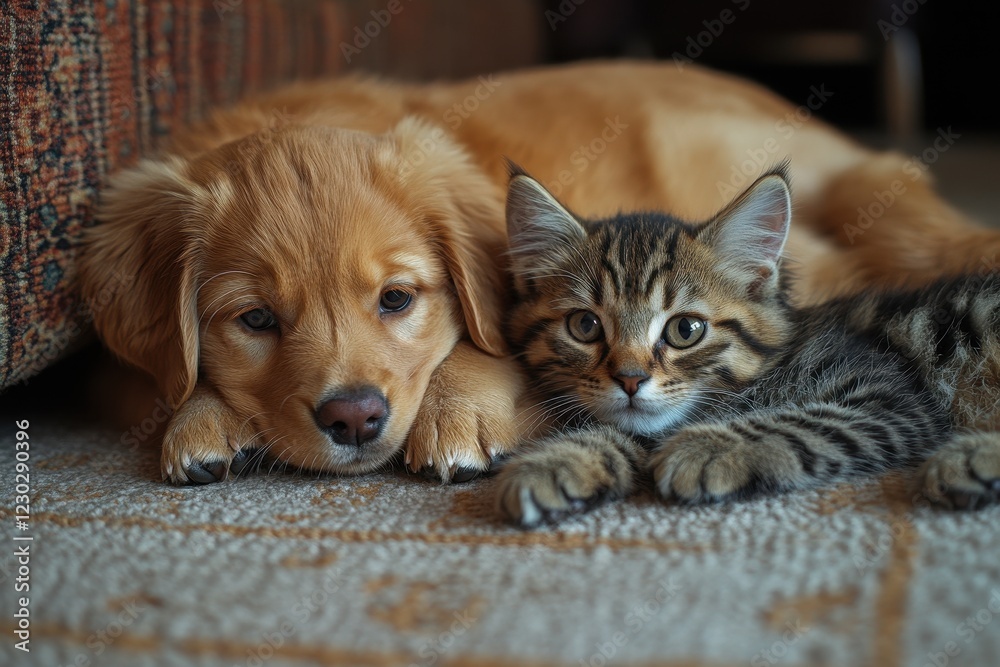 Cute puppy and kitten resting together on a cozy carpet in a warm living room setting Cute puppy and kitten resting together on a cozy carpet in a warm living room setting