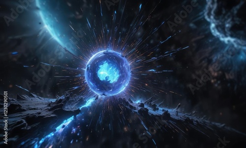 Radiant blue particles suspended in an inky dark expanse of space, event horizon, gravitationally lensed light