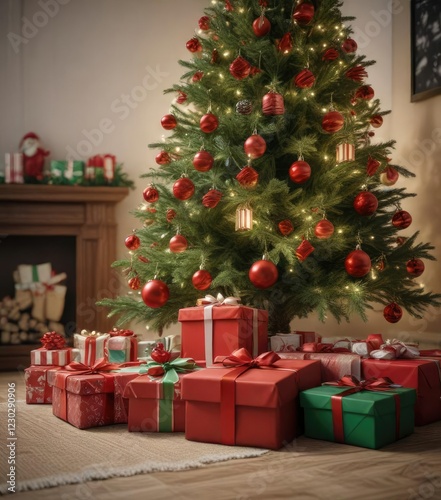 red and green presents under the Christmas tree, gift boxes, Christmas tree