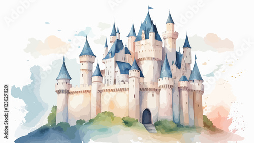 Cute castle vector illustration in watercolor style, isolated on white background