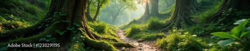 Vines wrap around ancient tree trunks on rugged mountain paths, ancient trees, tree trunks