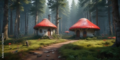 Red roofed mushroom house in the midst of a dense forest, solitary, leaves