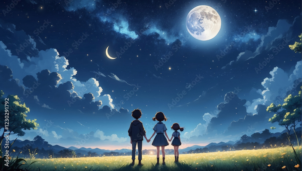 Obraz premium Anime style background night scene three children holding hands in a glowing field, starry sky with a full moon