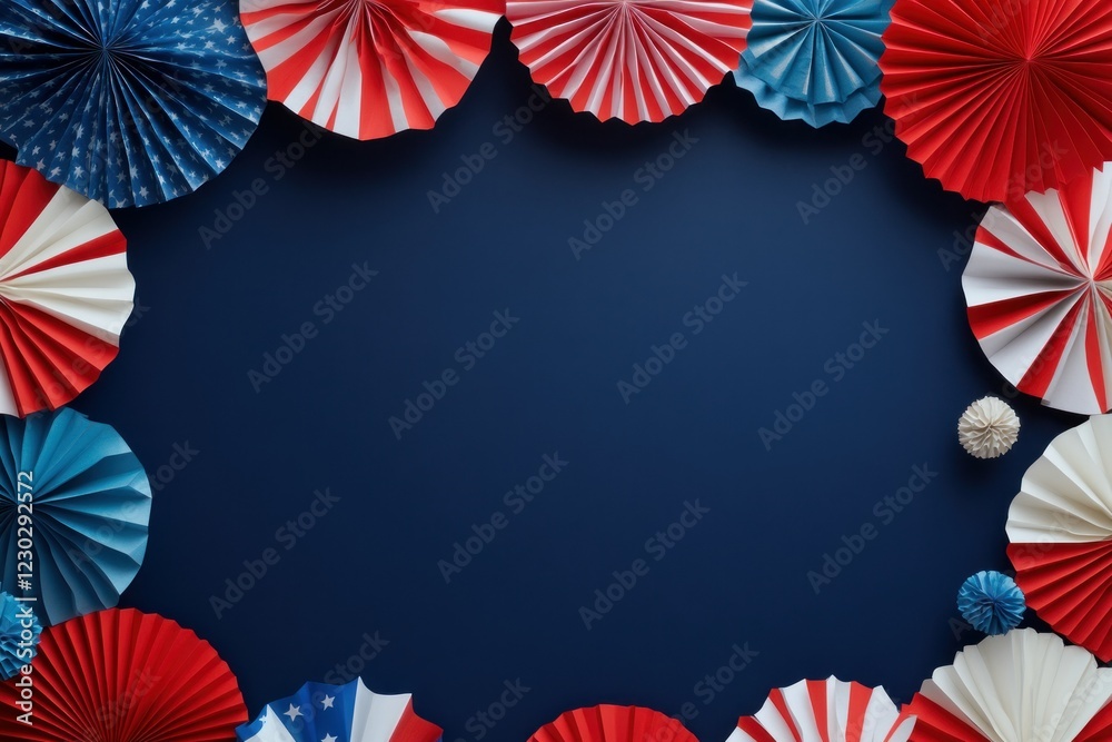 Obraz premium Decorative Paper Fans in Red, White, and Blue Surrounding a Dark Background for Celebrations