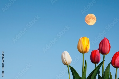 Colorful tulips blooming under a bright moonlit sky.