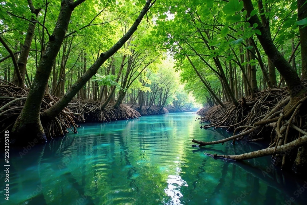 Obraz premium River currents swaying mangrove trees and branches, trees, nature, branches