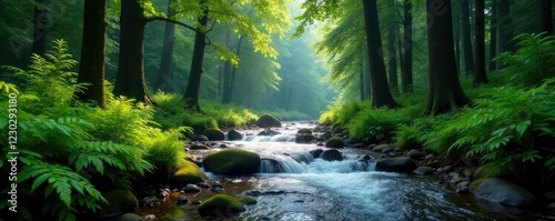 River flowing through a forest with tall trees and ferns, Landscapes, Terrains
