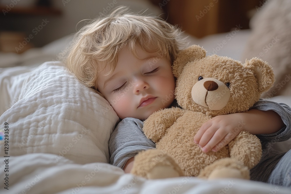 Young child peacefully sleeping with a teddy bear in a cozy bedroom during a sunny afternoon Young child peacefully sleeping with a teddy bear in a cozy bedroom during a sunny afternoon