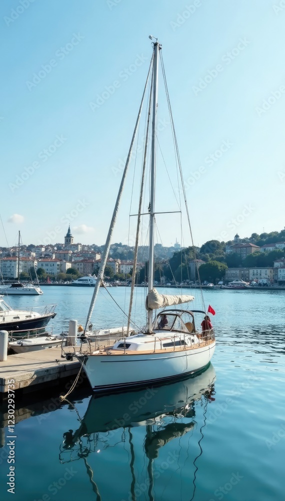 Fototapeta premium Sailboat anchored on the Bosphorus waterfront, pier, boats, reflection