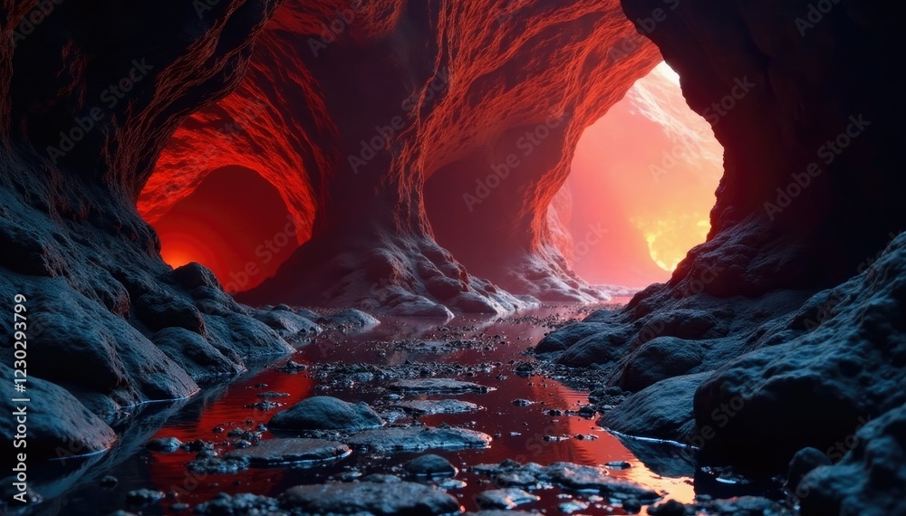 scattered tiles and molten lava in a volcanic cave, warm, geology, smoky scattered tiles and molten lava in a volcanic cave, warm, geology, smoky