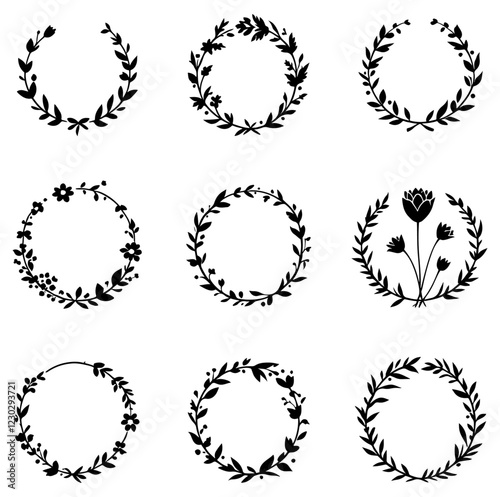 Set Big bundle of floral wreaths. Vector hand drawn monogram
