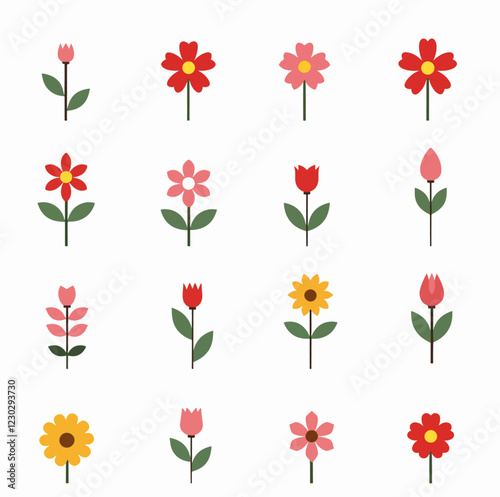 Flower spring clipart colorful set. Spring flowers drawing collection like daisy, tulip, jonquil, daffodil, chamomile and crocus clip art graphic elements. Vector illustration floral flat design.	