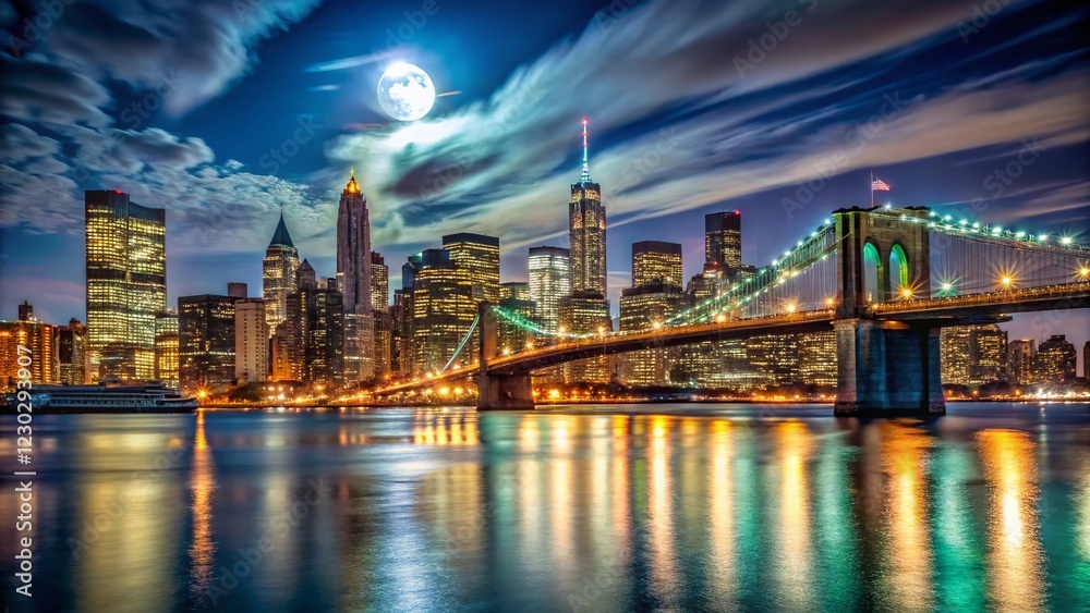 Fototapeta premium Majestic Moonlight: Long Exposure of New York City Skyline at Night