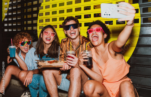 Friends going out in the evening and making party. Young people meeting outdoor in the weekend and celebrating together.