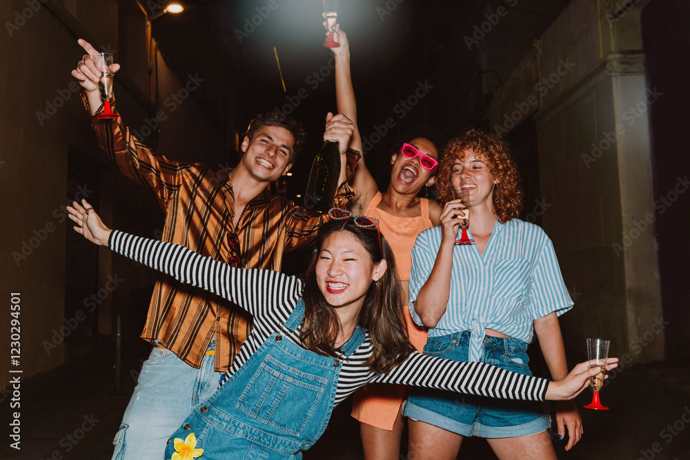 Obraz premium Friends going out in the evening and making party. Young people meeting outdoor in the weekend and celebrating together.