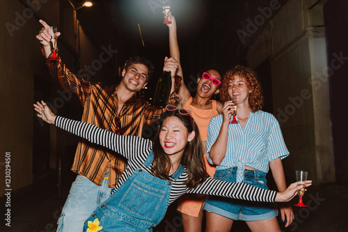 Canvas Print Friends going out in the evening and making party