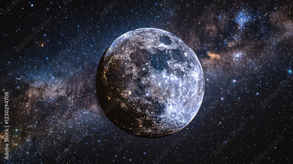 Bright full moon in clear night sky surrounded by twinkling stars Bright full moon in clear night sky surrounded by twinkling stars