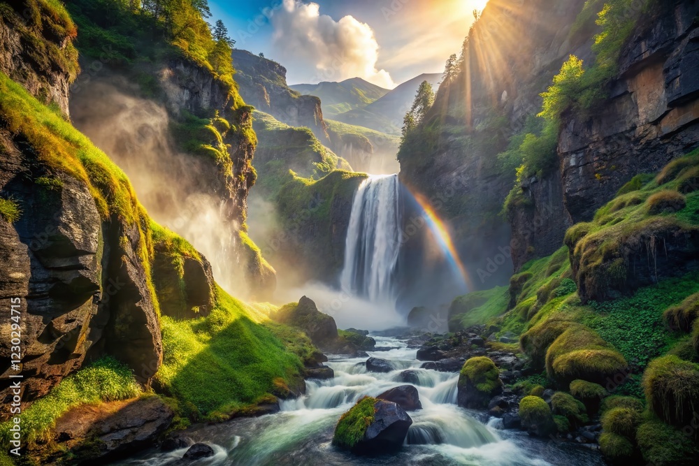 Majestic Mountain Waterfall Cascade in Deep Canyon Gorge Majestic Mountain Waterfall Cascade in Deep Canyon Gorge