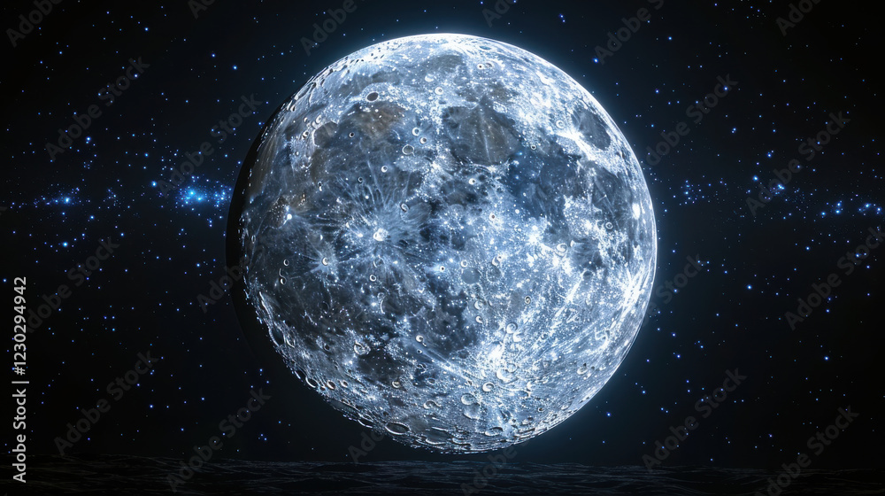 Fototapeta premium Bright full moon in clear night sky with twinkling stars, creating serene atmosphere