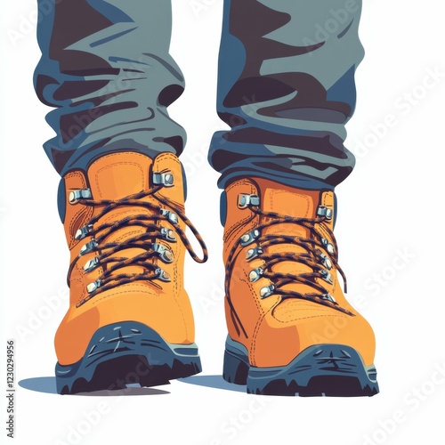 vector style flat illustration hiking boots, close-up, white solid background, focus on rugged leather and laces, elegant shadows enhancing the details, modern and crisp design. clean lines 2D design photo