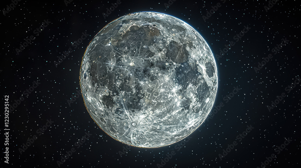 Obraz premium Bright full moon in clear night sky with twinkling stars, showcasing beauty and tranquility