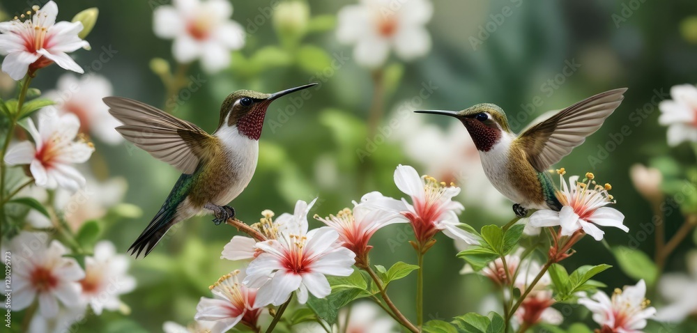 Obraz premium Small hummingbird perched on a white flower in the garden, petal, nature