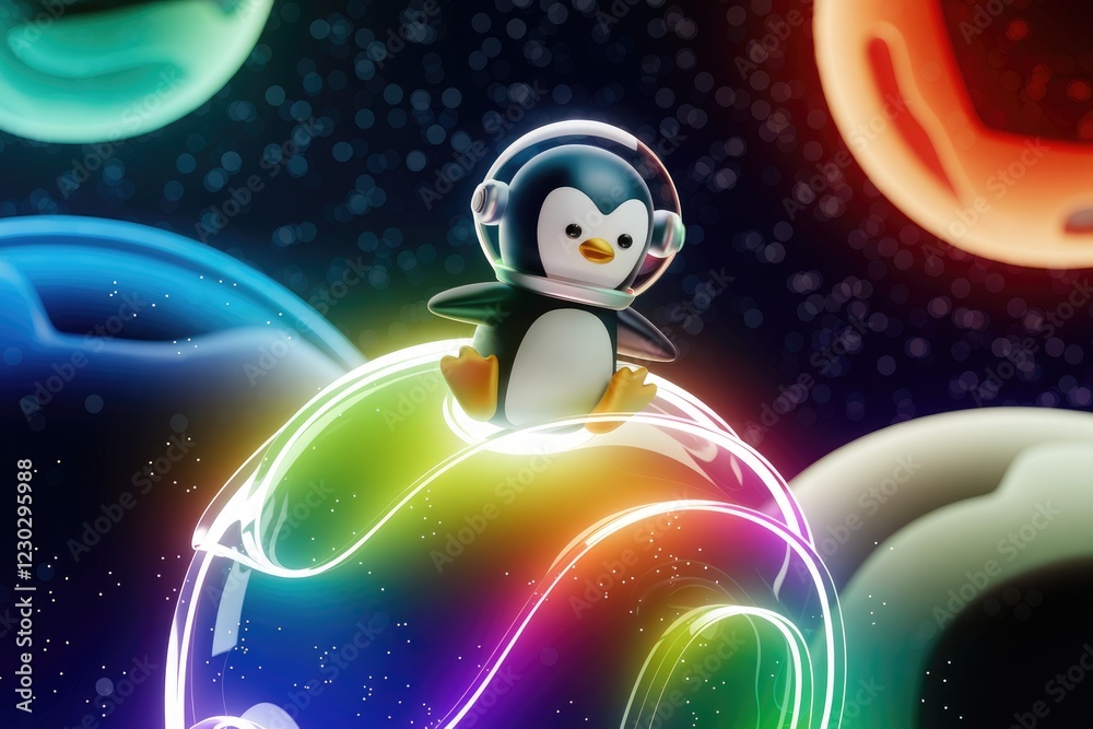 Fototapeta premium A cute penguin astronaut sits on a rainbow planet in space, surrounded by glowing orbs.