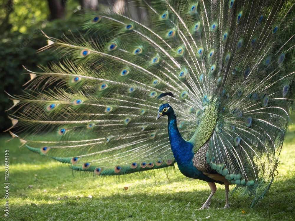 Obraz premium Majestic Peacock with Full Tail Feathers Display, Vibrant Bird, Exotic Wildlife
