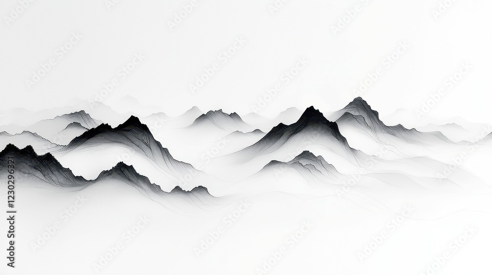 Obraz premium Foggy Valley Horizon, an enchanting ink artwork capturing ethereal mist swirling through serene mountain silhouettes under a soft, muted sky.