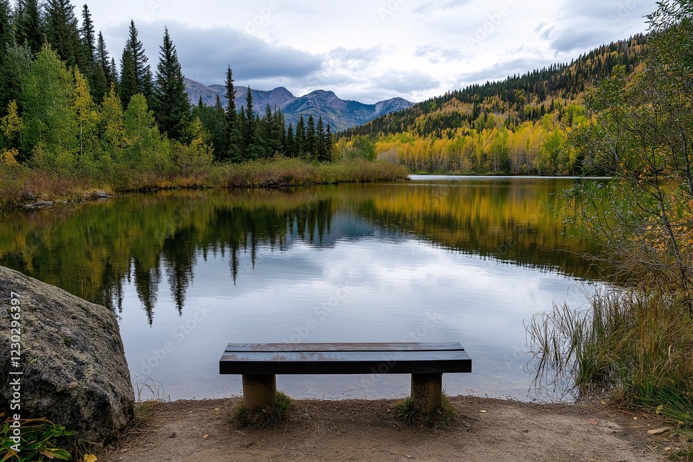 Serene autumn lake view with a solitary bench. Serene autumn lake view with a solitary bench.
