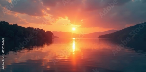 Sunset light casting a glow on the lake's surface, light, peaceful, reflection