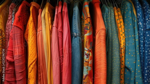 Close up of colorful clothes in vibrant colors in second hand clothing shop, charity shop, thrift store, street market photo