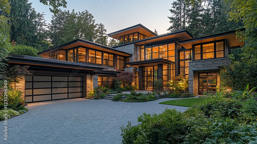 Modern architectural home with large windows, lush garden, and evening lighting ambiance Modern architectural home with large windows, lush garden, and evening lighting ambiance
