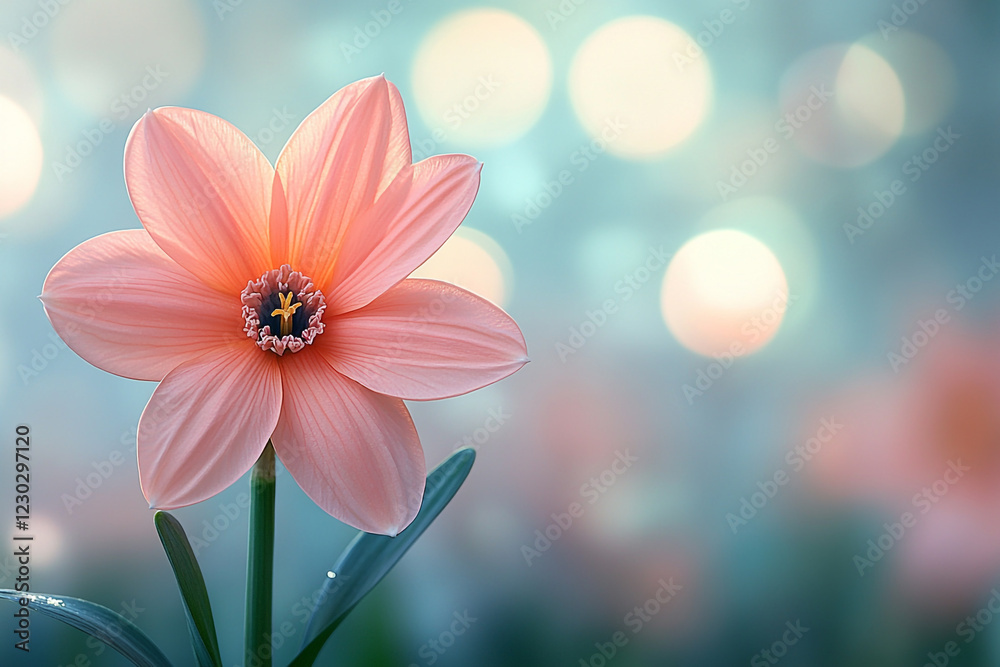 A single peach daffodil blooms softly against a blurred background A single peach daffodil blooms softly against a blurred background