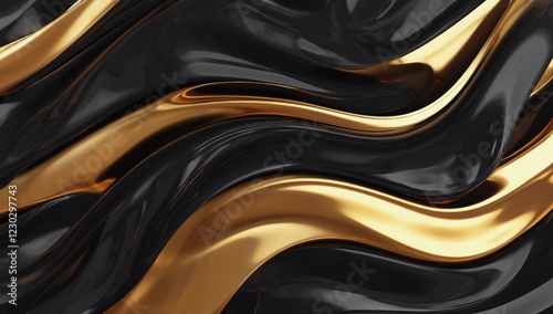  Black and gold abstract texture with fluid metallic reflections, luxurious and elegant