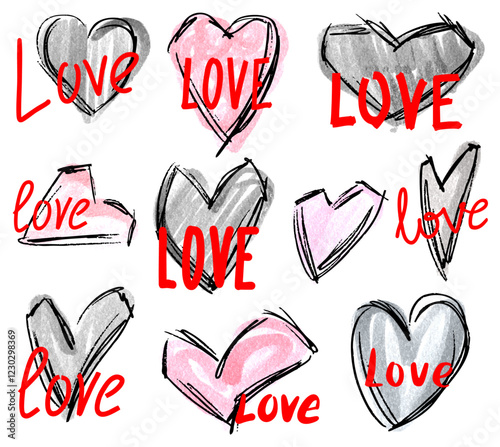Pink crayon hearts set and the word LOVE, heart drawn by pencil, love calligraphy, Vector romantic lettering, Childish hand drawn, Valentines day typography. 
