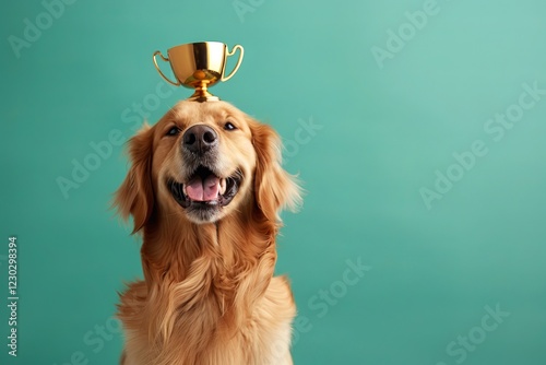 A happy golden retriever proudly balances a golden trophy on its head against a teal background. Trained Dog's Trophy Balancing Trick photo