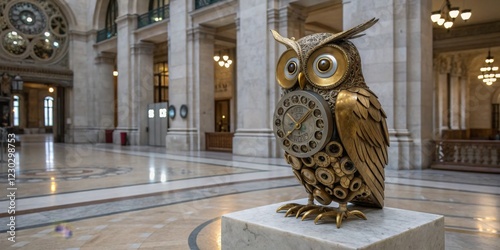 Intricate owl sculpture with clock details stands proudly in grand hall filled with marble and ornate architecture