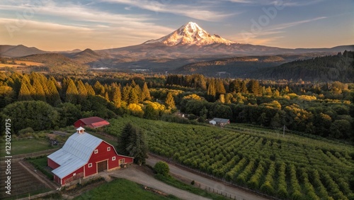 Majestic Sunset Over Mount Hood, Red Barn in Hood River Valley, Oregon photo