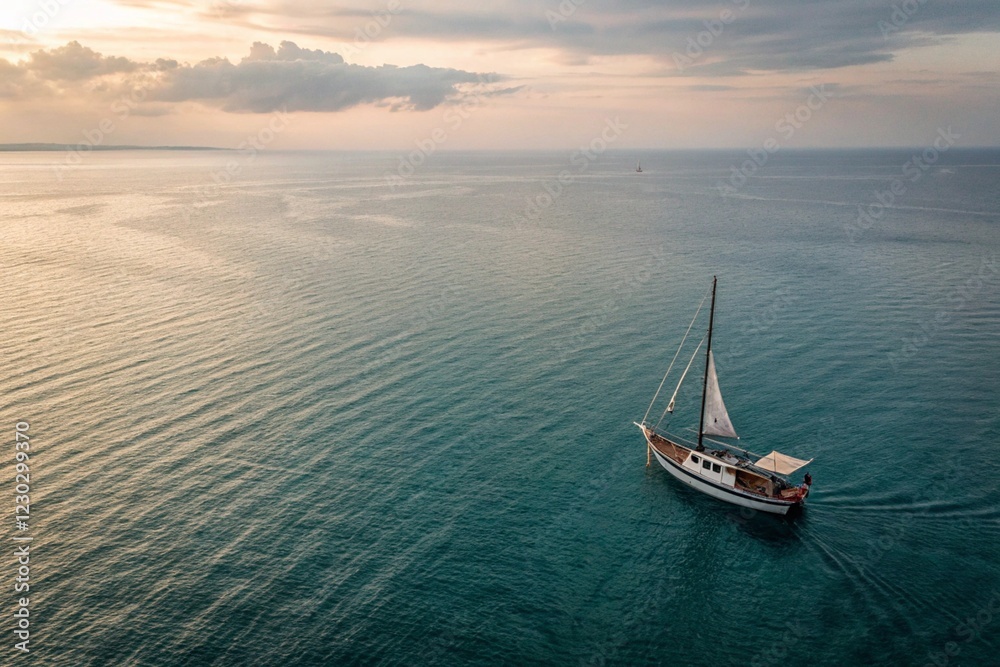 Fototapeta premium Aerial view of a boat at sea. Image created with AI