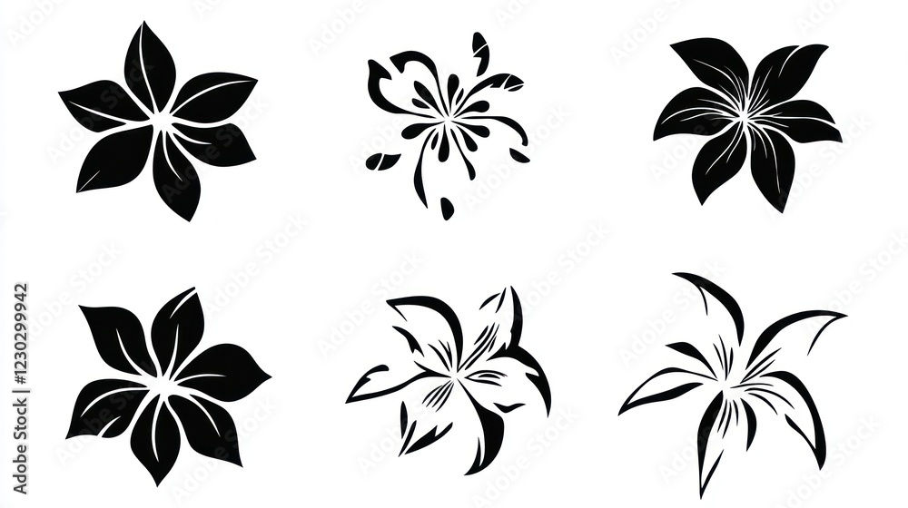 Obraz premium Six stylized black lily flower designs, isolated on white, for print or web