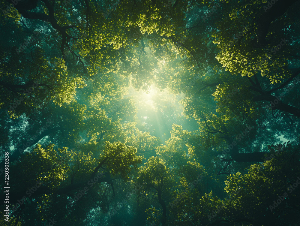 Obraz premium Green forest with sun light. Nature background with trees and sunlight, summer forest with sun rays shining through foliage